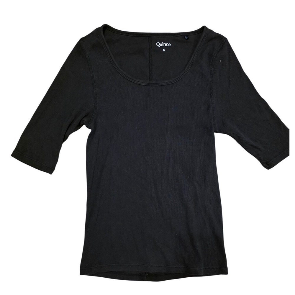 Quince Organic Cotton Black Ribbed Scoop Neck Elbow Sleeve Top Sz Sm Minimalist